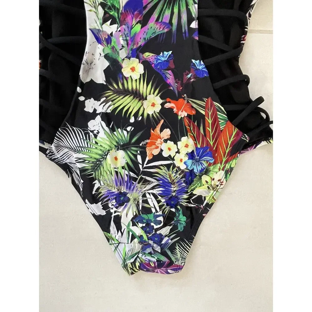 Tinibikini Swim Tropical Floral One Piece Swimsuit Strappy Sides